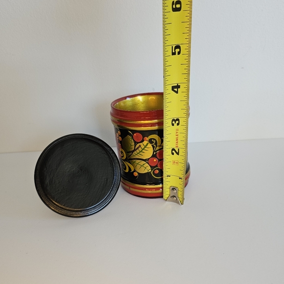 Russian Lacquered Wood Box Jar Lid Hand Painted Khokhloma Canister Folk Art - Picture 7 of 8